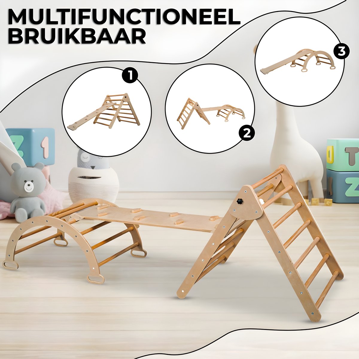 Oemmie Klimrek - Klimboog - 3-delig - Houten Klimrek - Opvouwbare Klim Driehoek - Glijbaan- Kinder klimtoren Montessori — afbeelding 2