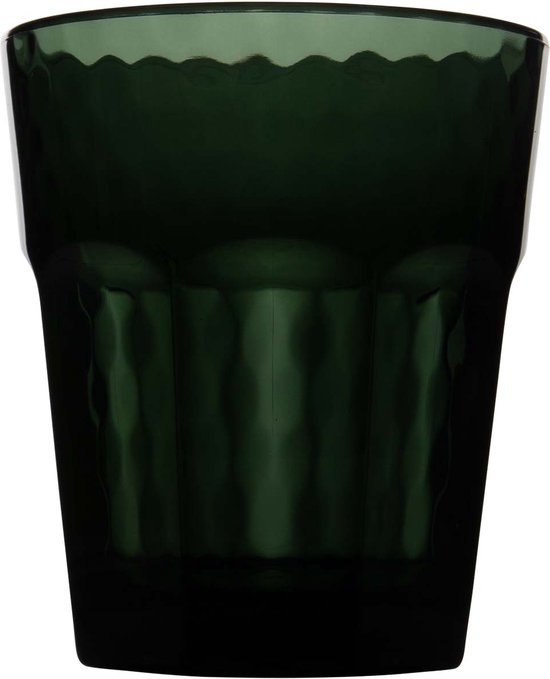 Donkergroen, veelzijdig glas met een gehamerd patroon en een golfvormige bovenrand.