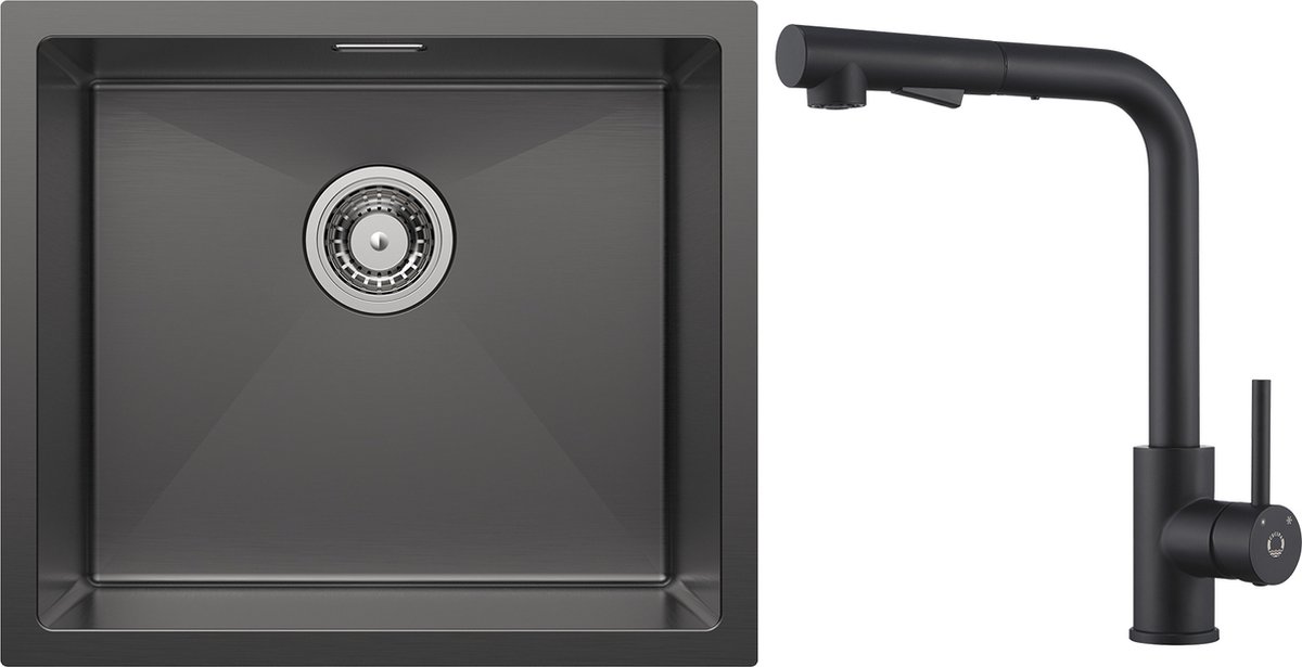 CECIPA max Spoelbakken Keuken - Enkele spoelbak - Spoelbak Met Keukenkraan (Antraciet/Gun metal 50 x 44 cm ) - roestvrij staal Spoelbak - Wasbak met waterafvoersysteem