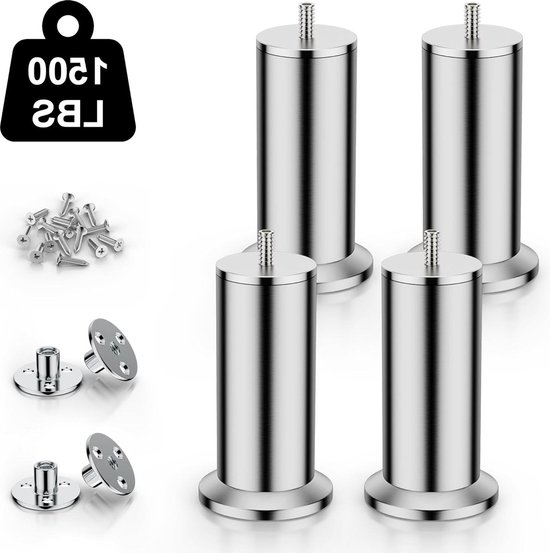4 stuks meubelpoten van roestvrij staal, 12 cm bankvoeten, metalen meubelpoten, voor kastpoten, bedpoten/bankpoten/tafelpoten, in hoogte verstelbaar, gebruik M8-schroeven, ondersteuning van meer dan