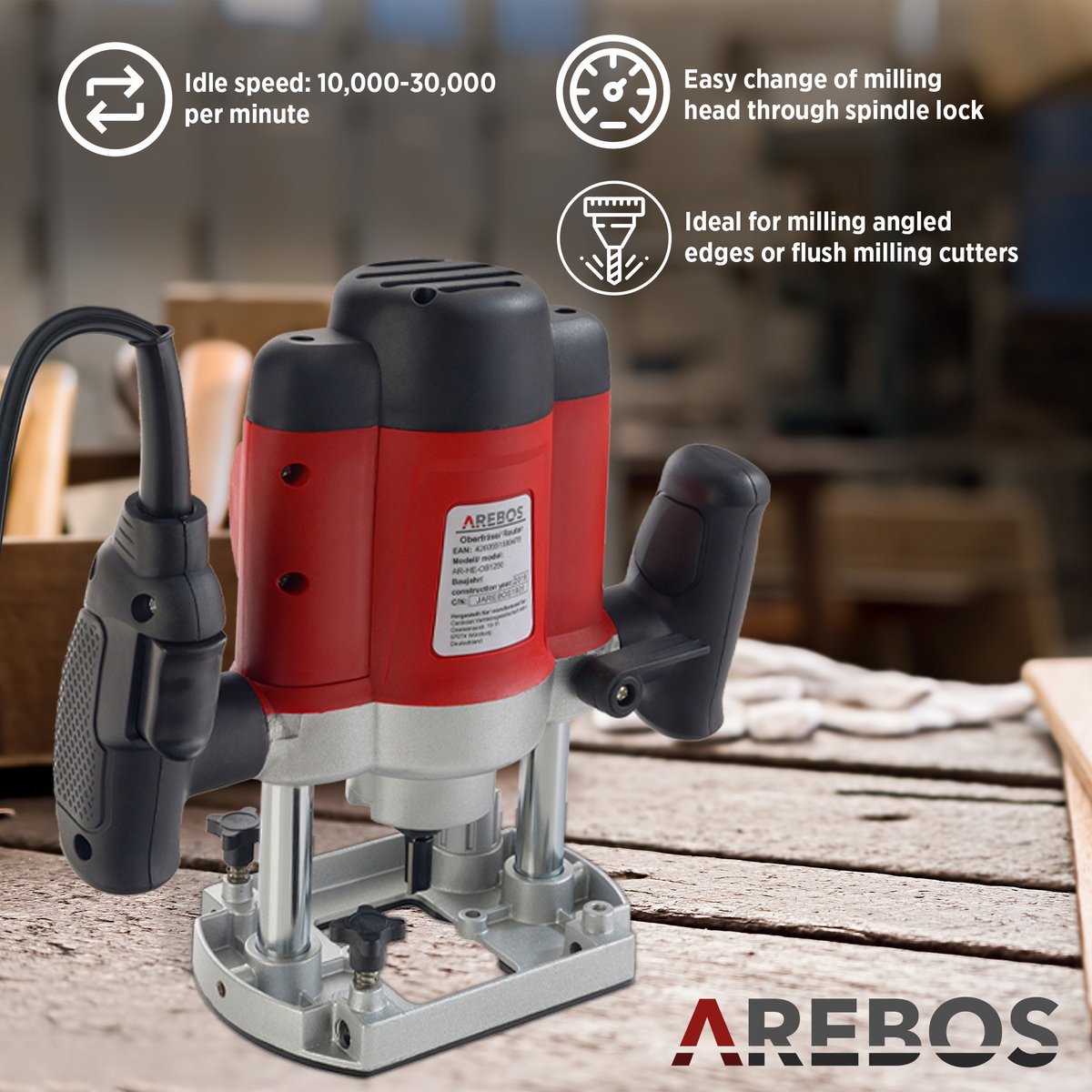 Arebos Bovenfrees Houtfrees Freesmachine Handrandfrees incl. Transportkoffer | incl. 12 freesbits met 8 mm houder | GS getest | 1200W