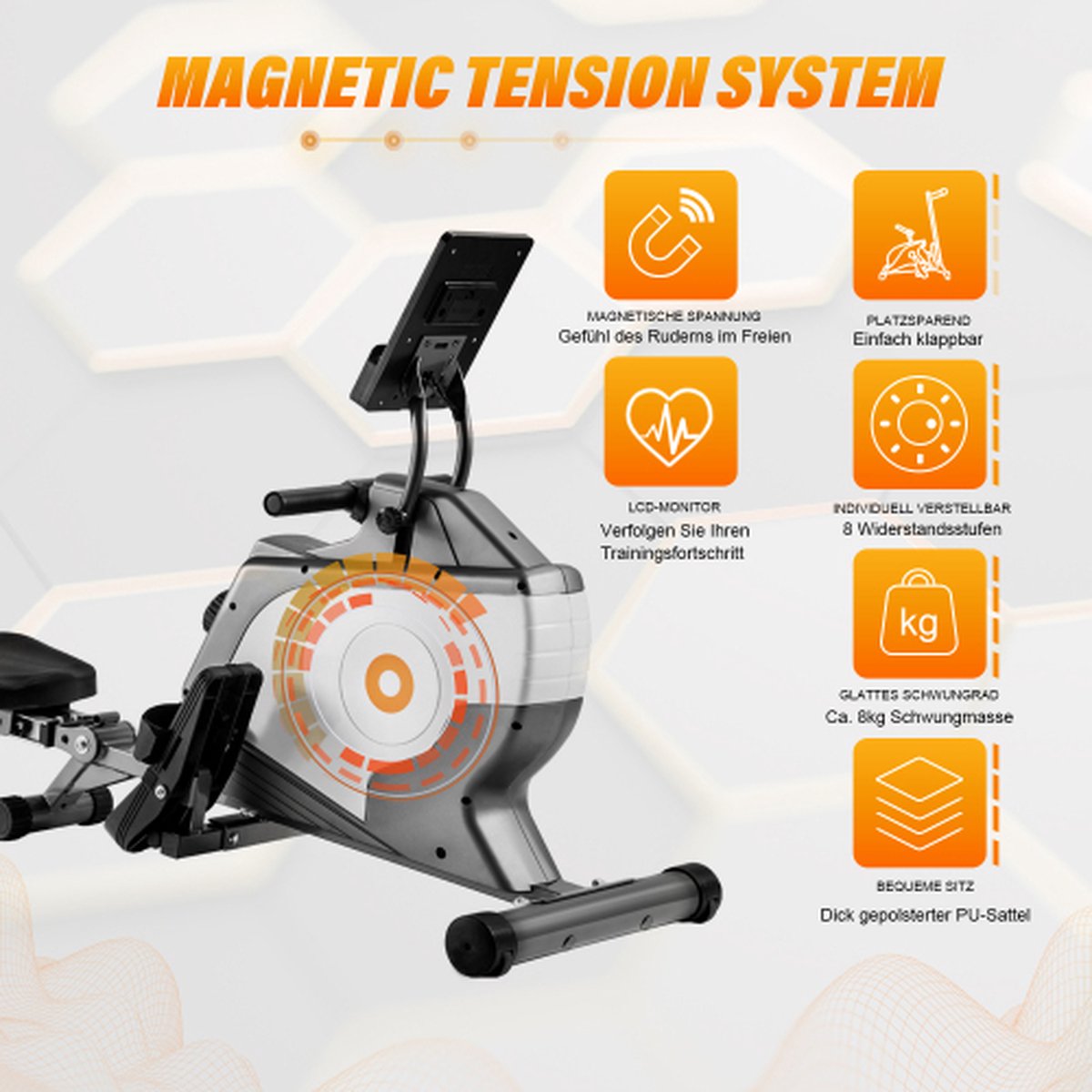 Afbeelding 2 van Magnetische roeitrainer opvouwbare roeitrainer met magnetisch spansysteem, LED-monitor (bevat geen PAD)