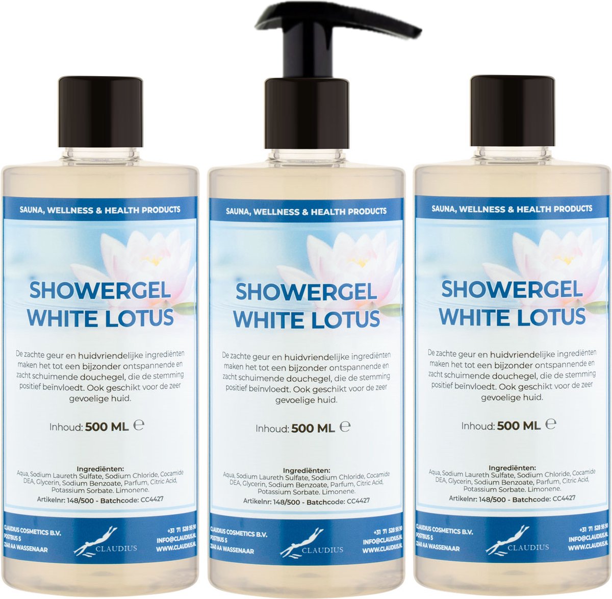 Goedkoopste Douchegel White Lotus 500 ml - set van 3 stuks - met gratis pomp - Showergel