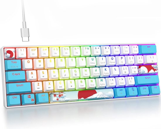StayPowered Mechanische Gaming Toetsenbord - Compact en Krachtig voor Topprestaties - 61 Toetsen - RGB Achtergrondverlichting - Lineaire Rode Schakelaars - PBT Keycaps - USB-C Verbinding - Wit/Lichtblauw - Levering Sneller dan Aangegeven!
