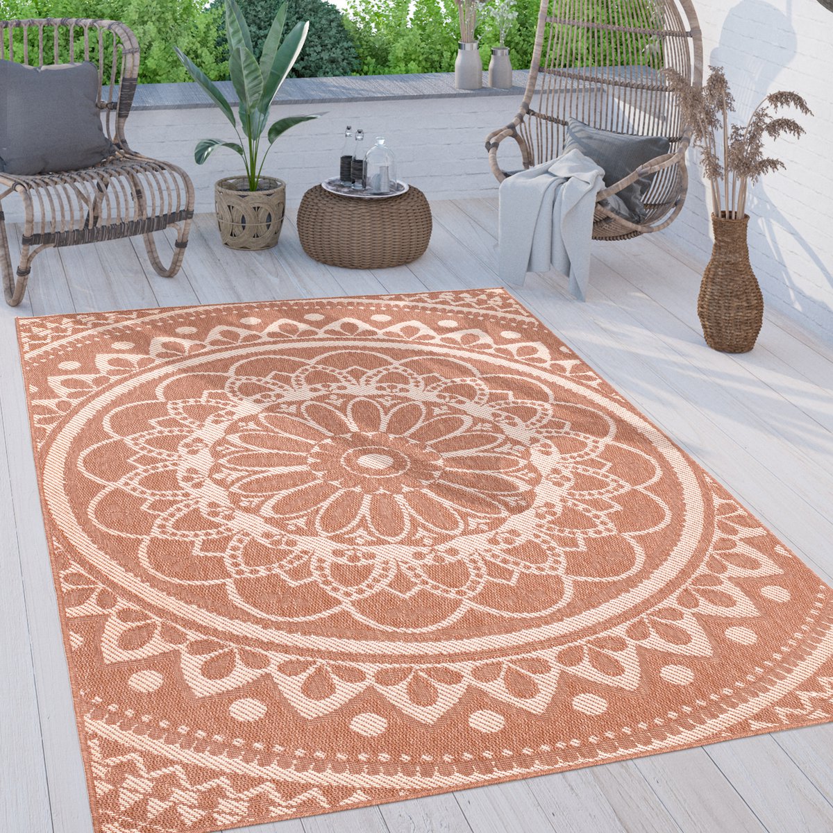 Paco Home Buiten Vloerkleed Tapijt Binnen En Buiten Balkon Oosters Boho Marokkaans Oranje 240x340 cm