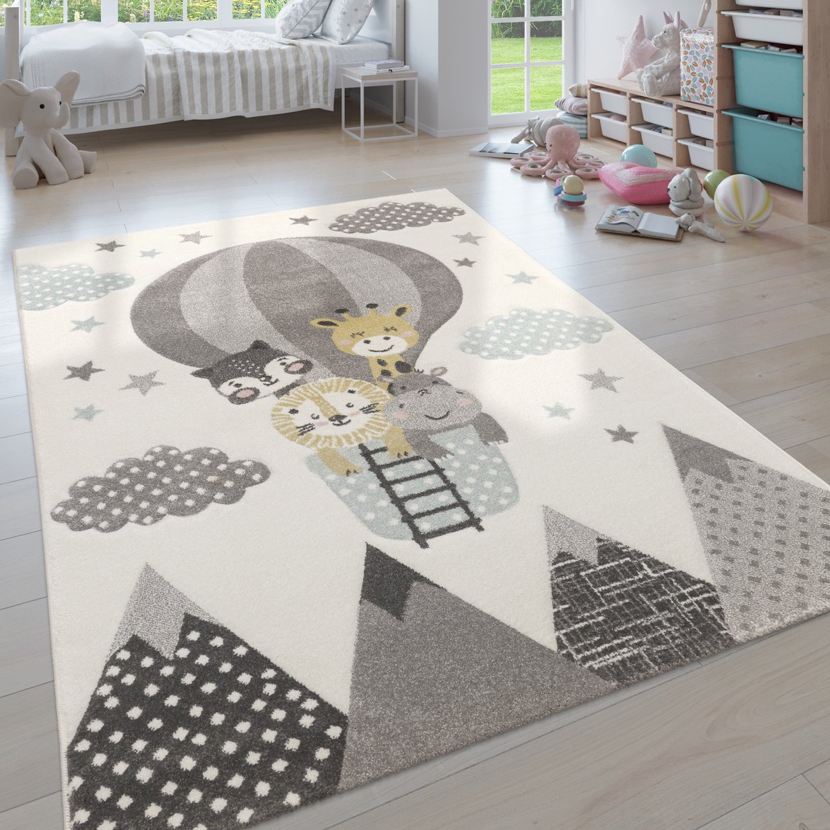 Paco Home Kinderkamer Vloerkleed Blauw Grijs Heteluchtballon Wolken Dieren 3D-Design Pastel 80x150 cm