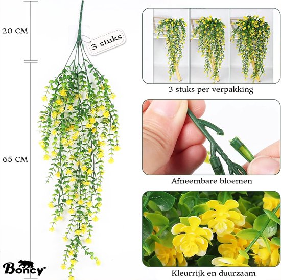 Kunstplant van 65 cm met groene bladeren en gele bloemen, inclusief productdetails zoals '3 stuks' en 'Afneembare bloemen'.