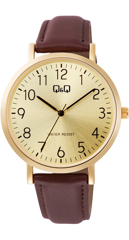 Q&Q C34A-010PY - Montre - Analogique - Homme - Homme - Bracelet en cuir - Rond - Métal - Chiffres - Marron foncé - Couleur or