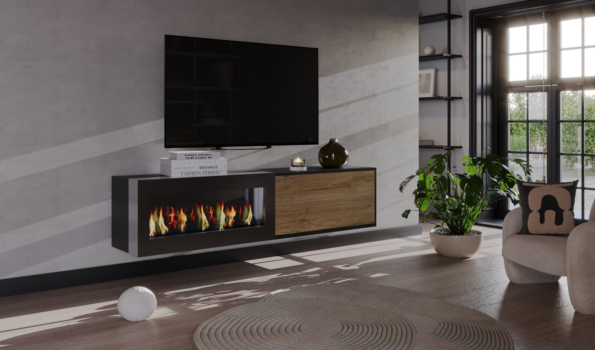 Meubel Square - TV meubel EDGELINE met bio ethanol sfeerhaard - Antraciet / Eiken - 180 cm - Zwevende kast met open haard - Niet elektrisch