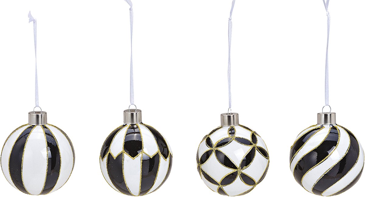 Viv! Christmas Kerstbal - Zwart Wit Patroon - set van 4 - glas - 8cm