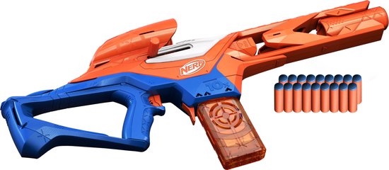 Oranje en blauwe Nerf N-Series Pinpoint blaster met magazijn en 18 darts ernaast.