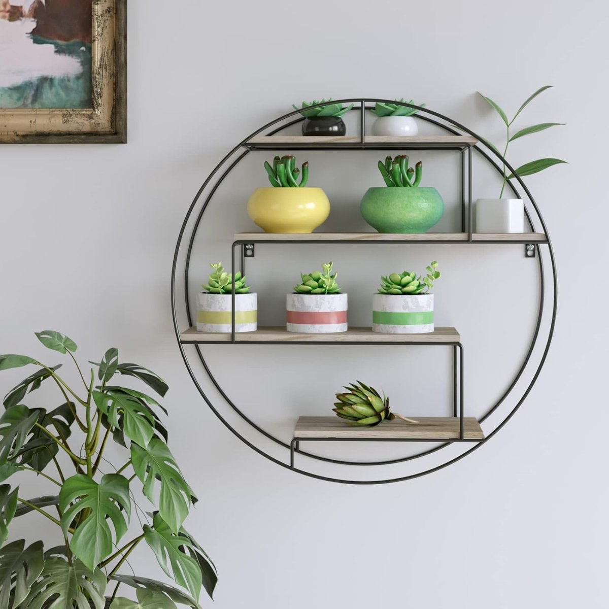 Rond wandrek, zwevend rek van hout en metaal, industriële wandplanken met 4 planken, voor woonkamer, badkamer, hal, Ø 55,3 x 15 (D) cm HMTM-121