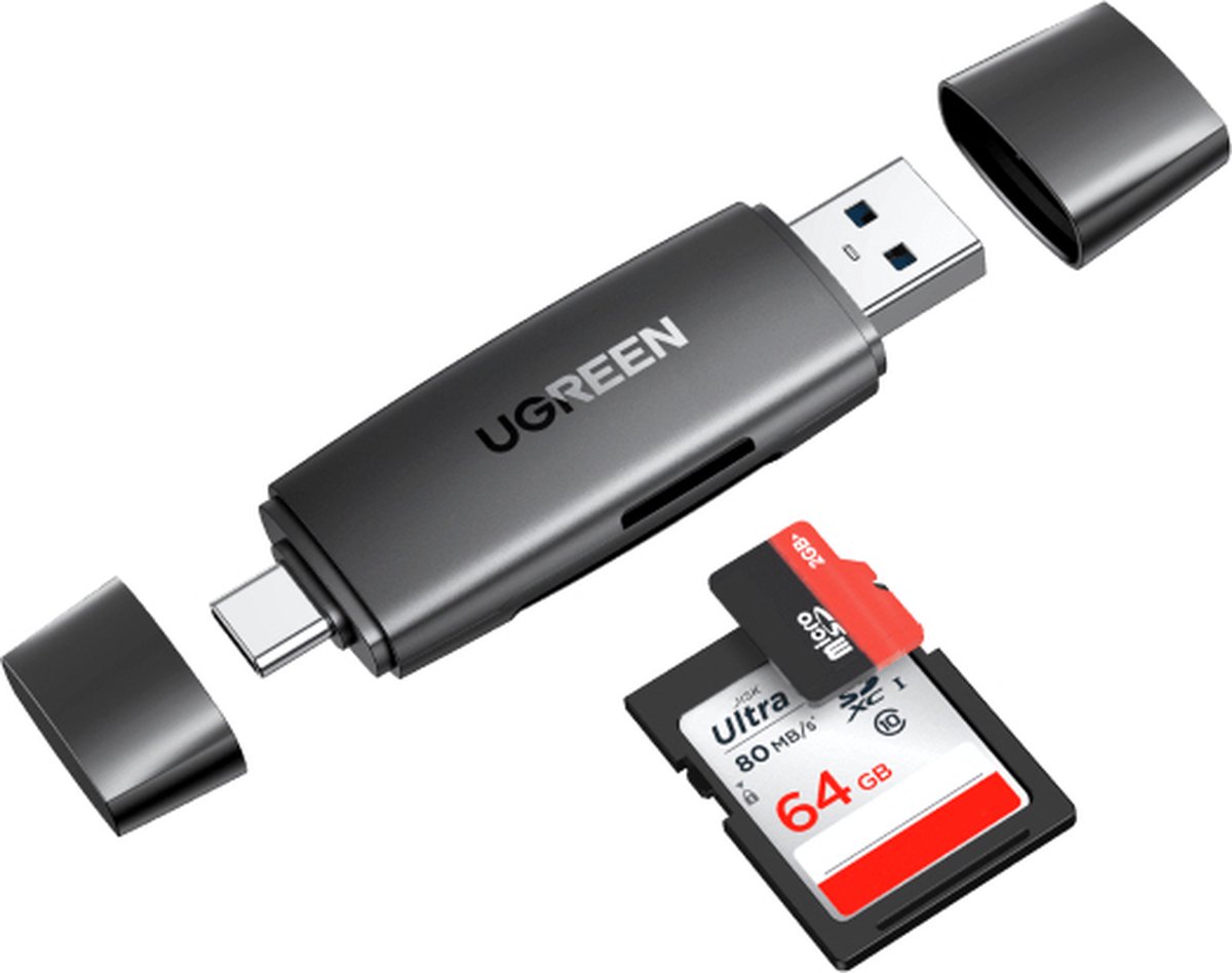 Ugreen 80191 geheugenkaartlezer USB 3.2 Gen 1 (3.1 Gen 1) Type-A/Type-C Zwart