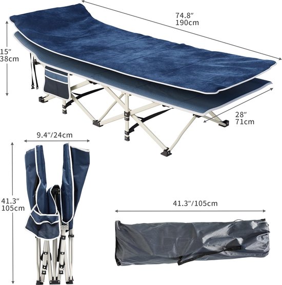 Opvouwbare campingbedjes voor volwassenen, robuust veldbed met matras, sterke dikkere buizen, slaapbed voor buitenreisbureau, blauw van FE Active — afbeelding 5