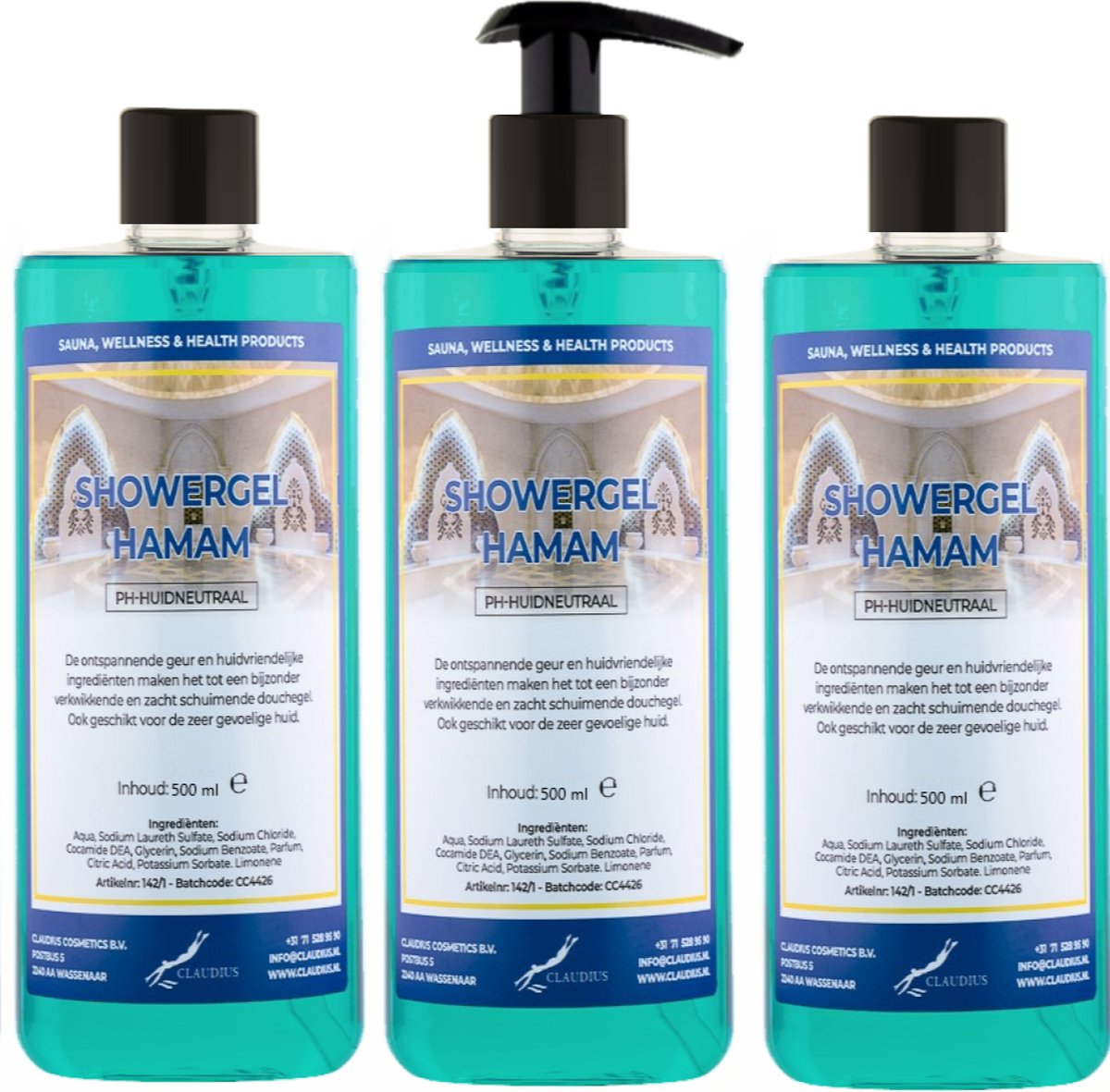Goedkoopste Douchegel Hamam 500 ml - set van 3 stuks - met gratis pomp - Showergel
