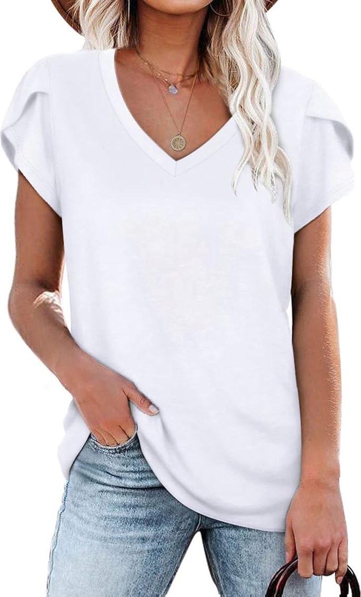 Mouwen voor Dames Elegante Top Casual Dagelijks Klassiek Shirt Causal Printing V Neck Top Shirt Petal Sleeves Wit
