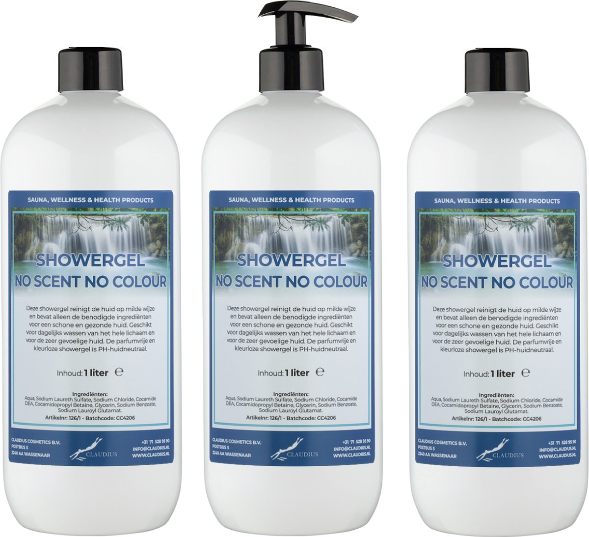 Goedkoopste Douchegel No Scent, No Colour 1 liter - set van 3 stuks - met gratis pomp - Showergel