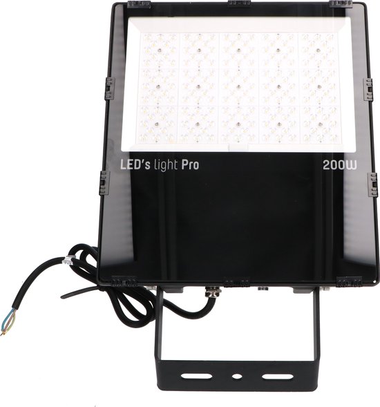 Zwarte LED-lamp Pro met 200W en een zichtbaar paneel van LED's, inclusief stroomkabel.
