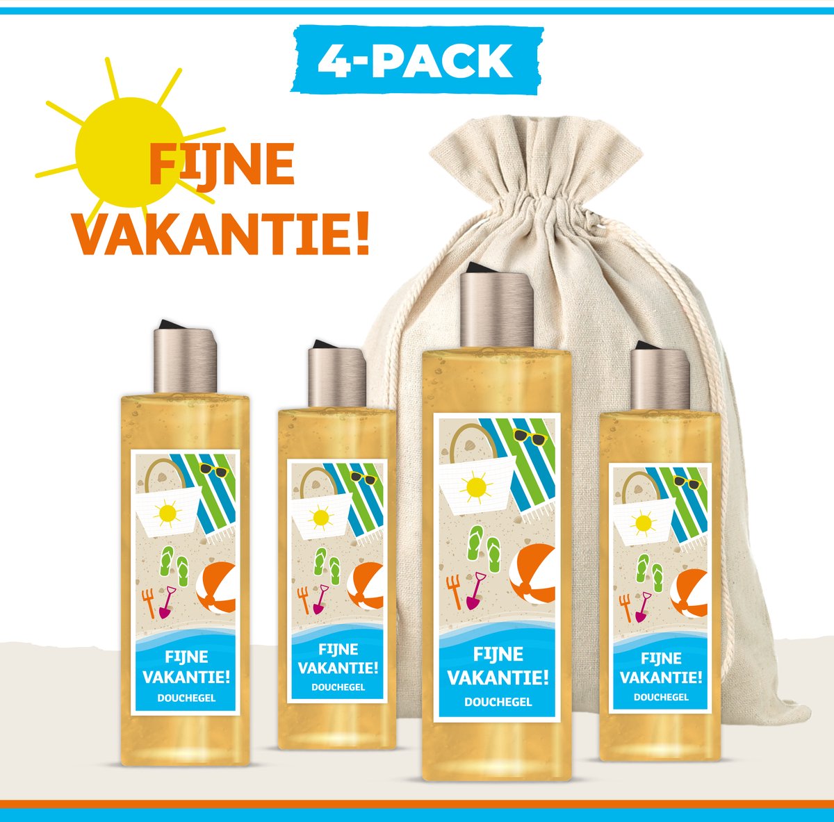 Goedkoopste Douchegel Fijne Vakantie - 4-Pack - 250 ml - 1000 gram | Vakantie Gift - Douchegel Vanille Caramel - Klein Zomers Cadeautje - Speciaal voor jou - Prettige vakantie - Zon - Strand - Zee - Goede reis - Gift Collega - Vriendin - Team - Vrijwilliger