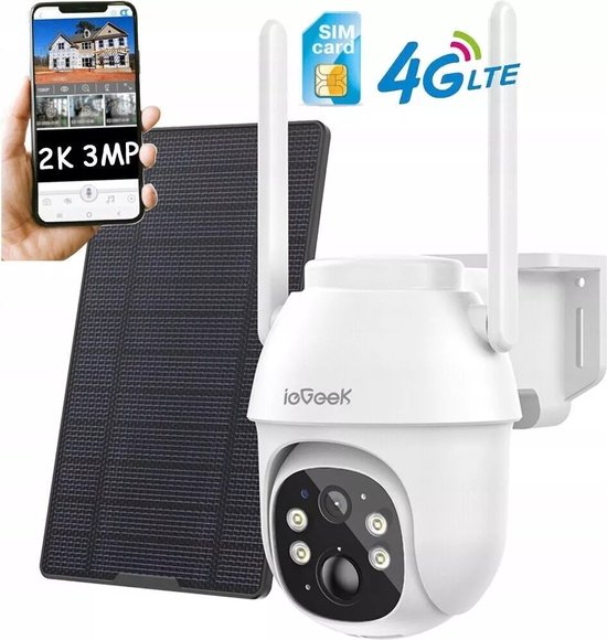 Foto: Iegeek 4g cellular beveiligingscamera buiten 2k ptz lte bewakingscamera buiten draadloos zonder wifi ip security camera buiten solar 8400mah batterij oplaadbare zonnepaneel pir detectie wit