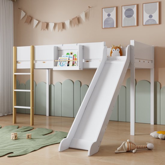 Sweiko Lit mi-hauteur, avec Ladder droite à 3 niveaux, lit enfant, lit jeune avec toboggan, avec étagère amovible, Denne+MDF, Wit+nature, 90x200cm