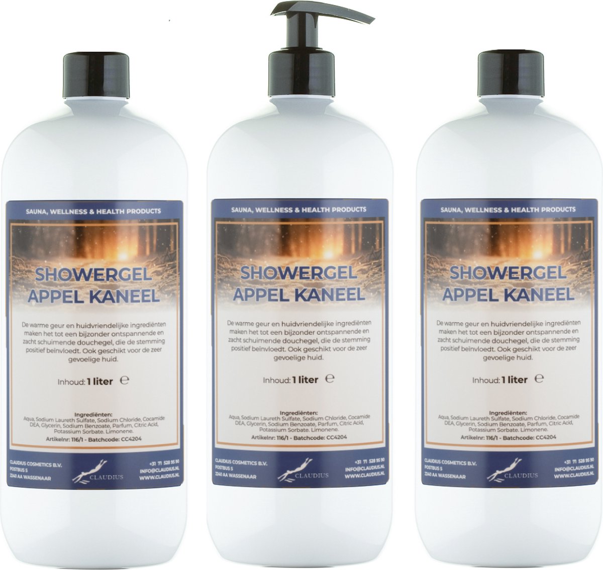 Goedkoopste Douchegel Appel-Kaneel 1 Liter - set van 3 stuks - met gratis pomp - Showergel