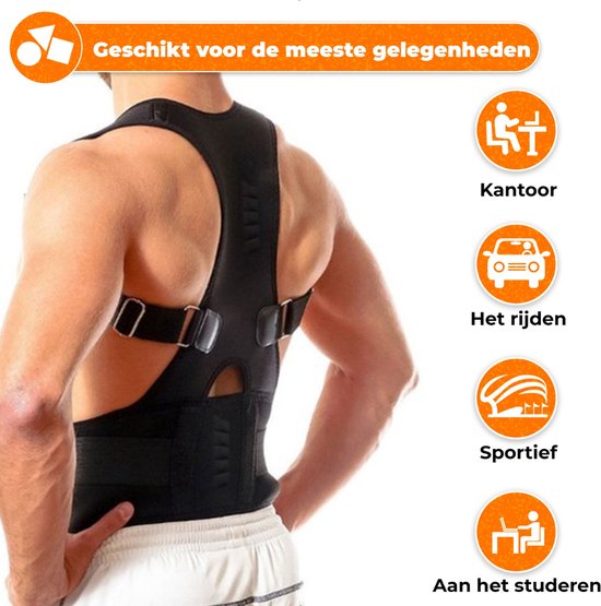 Man met rugbrace, geschikt voor kantoor, autorijden, sport en studeren.