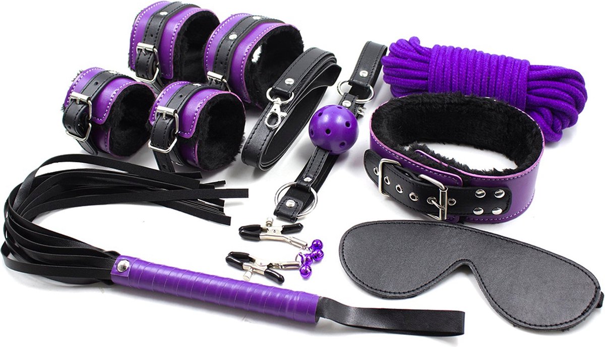 Goedkoopste Fixxx - BDSM Set Voor Beginners - 8 delen - Gevoerd met Bont - Zwart/Paars