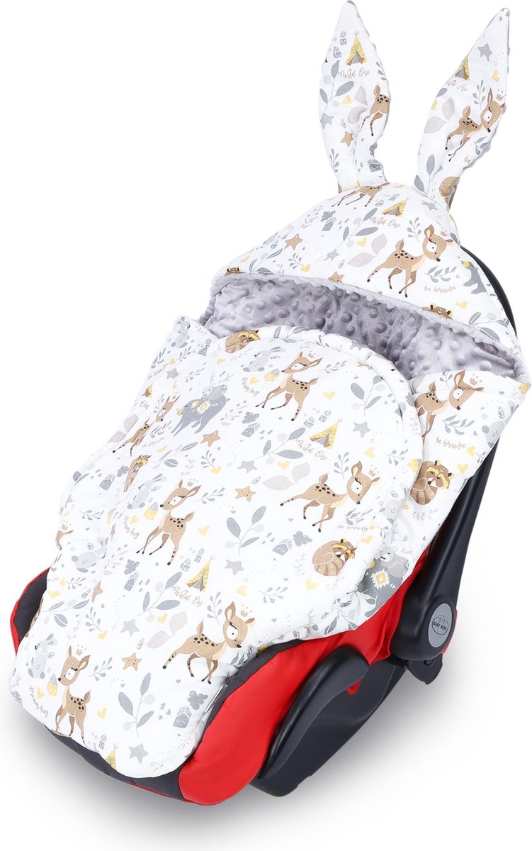 Babydeken konijnenoren geboortecadeau – schattige Minky knuffeldeken dubbelzijdig met capuchon –voor autostoel kinderwagen 3- en 5-puntsgordel 90×90 cm Minky Hert lichtgrijs Oeko-Tex