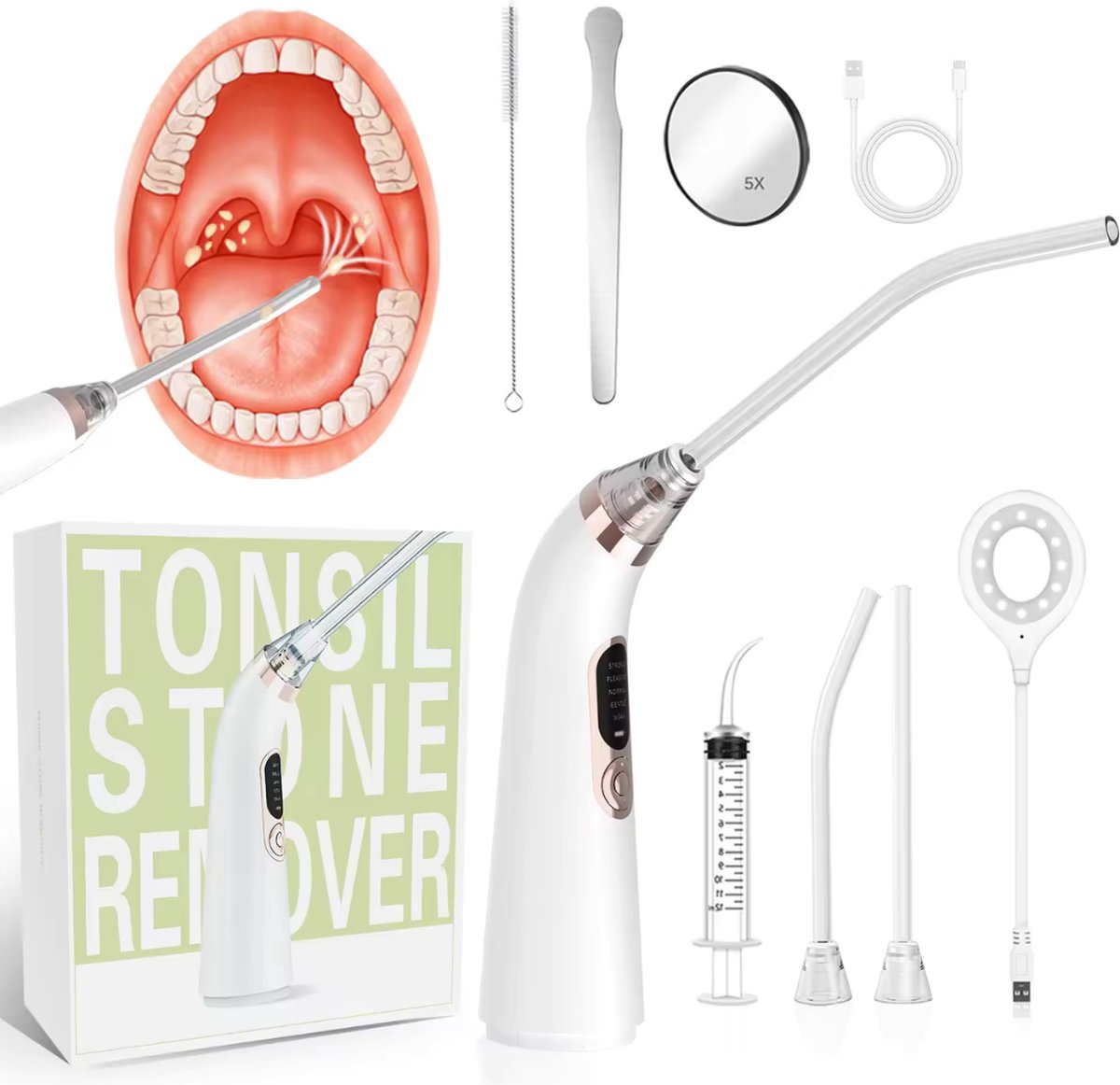 Goedkoopste 8care® Professionele Amandelsteenverwijderaar - Amandelsteen Verwijderaar kit - Tonsil stone remover - Amandelstenen verwijderen binnen 1 minuut - Kit - 9 delig
