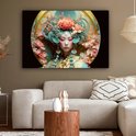 Une peinture d'une femme asiatique avec une grande coiffe florale dans des tons pastel et bleus.
