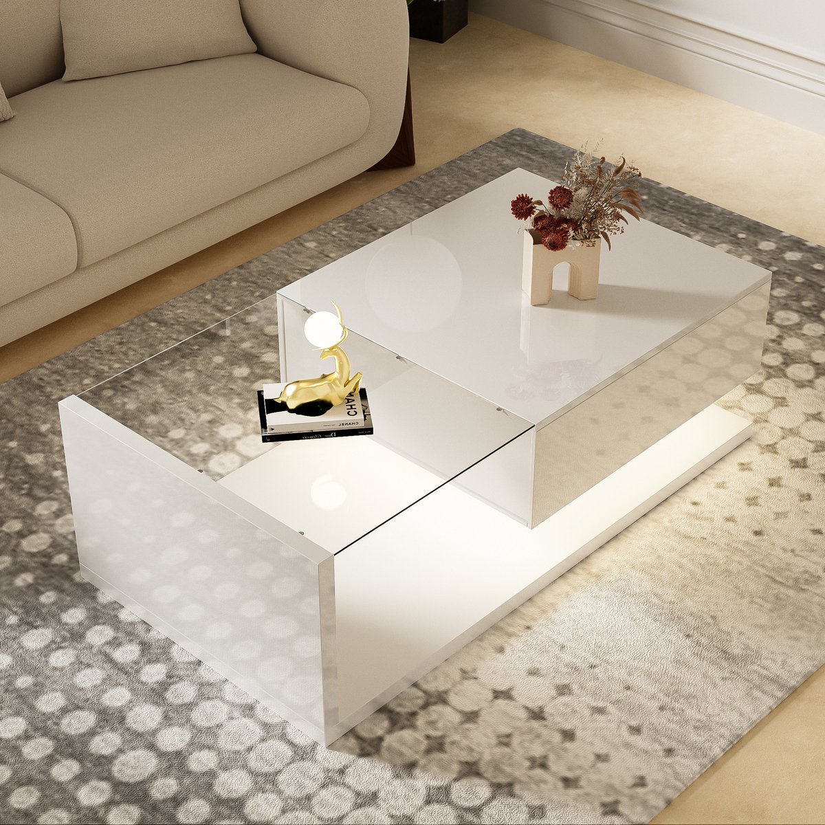Sweiko Salontafel, Sofa tafel, Woonkamer tafel, Glad wit, bijzettafel, salontafel met glas en LED effect, met laden en opslagruimte