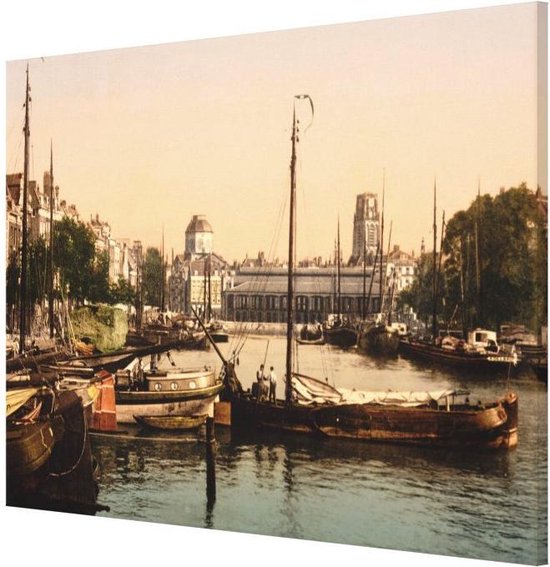 Oud Stadsgezicht Rotterdam - Oude Vismarkt aan de Leuvehaven - Oude Foto Print op Canvas Doek - 90x60 cm
