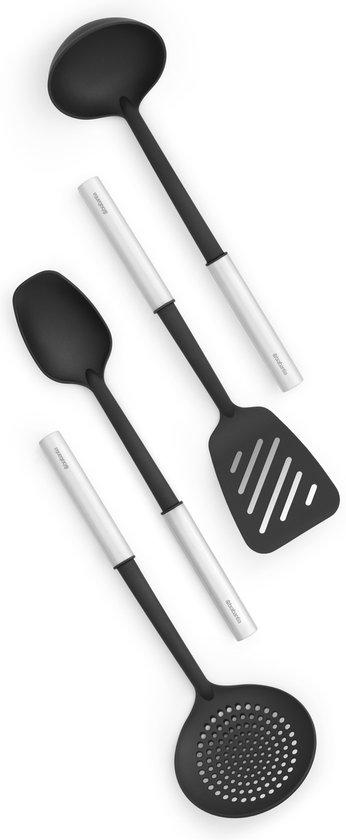 Brabantia Profile set d'ustensiles de cuisine anti-adhérents, 4 pièces (louche à potage, cuillère à servir, spatule large, écumoire) - RVS