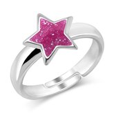 Joy|S - Zilveren ster ring verstelbaar roze glitter