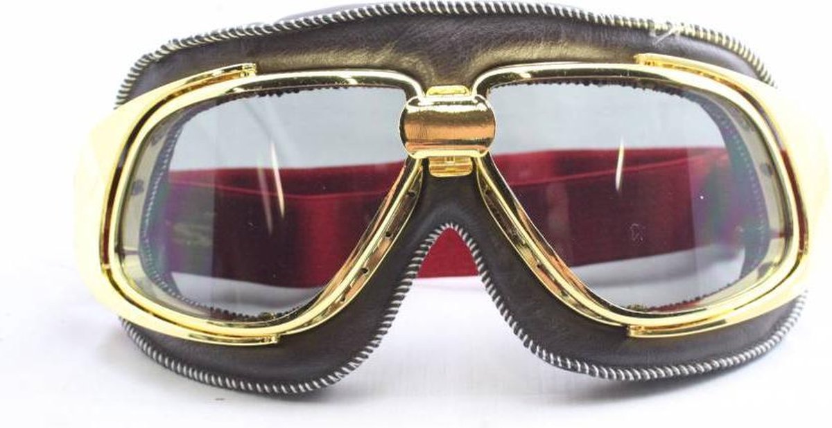 Ediors retro goud, bruin leren motorbril | Zilver reflectie glas
