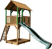 AXI Dory Speeltoestel in Bruin/Groen - Speeltoren met Groene Glijbaan en Zandbak - FSC hout - Speelhuis op palen voor de tuin