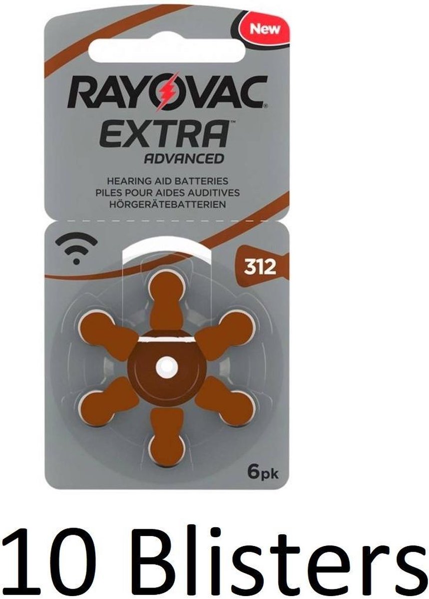 60 Stuks (10 Blisters a 6 st) Rayovac Extra Advanced, 312 - bruin hoortoestel