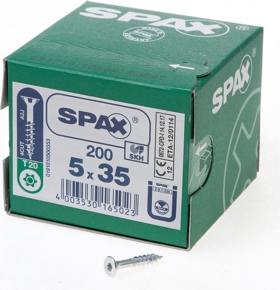 Spax Spaanplaatschroef platverzonken kop verzinkt T-Star T20 deeldraad 5.0x35mm (per 200 stuks)