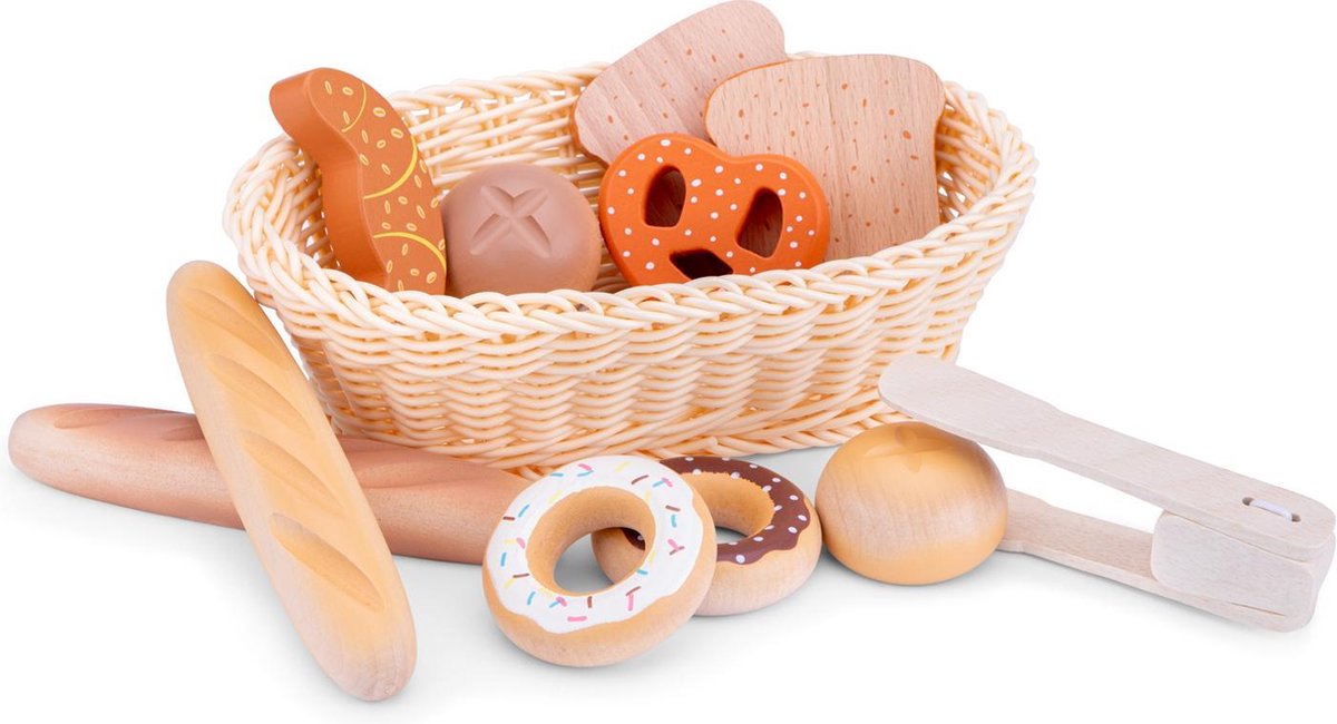 Woet® Houten Broodmandje Speelset - Diverse Broodjes & Gebak in Mandje met Tang - Rollenspel Bakkerswinkel - Speelgoedkeuken Accessoires voor Kinderen - Vanaf 2 Jaar — afbeelding 3