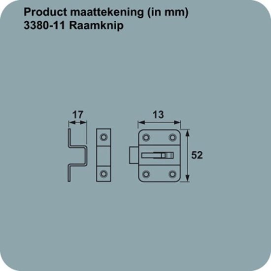 Technische tekening van een gegalvaniseerde raamknip met maten: 17, 13 en 52 mm.