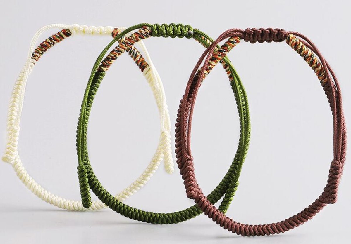 Premium handgeknoopte Tibetaanse armband - Set van 3 - Groen Wit Bruin
