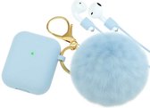 Airpods Case Silicone – Hoesje met Sleutelhanger en Pluche Bol – Blauw