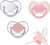 Set van 3 fopspenen Canpol Babies - Silicone - Symmetrisch- 6+ maand - Roze, Transparant Wit en Transparant Roze