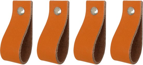 4x Leren handgrepen 'de lus' - maat L (22,2 x 2,5 cm) - ORANJE - incl. 3 kleuren schroefjes (handgreepjes - leren grepen - greepjes - leren lusjes)