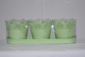 tray 3 potjes met bloemmotief groen 32 x10 cm voor op het balkon of in de tuin
