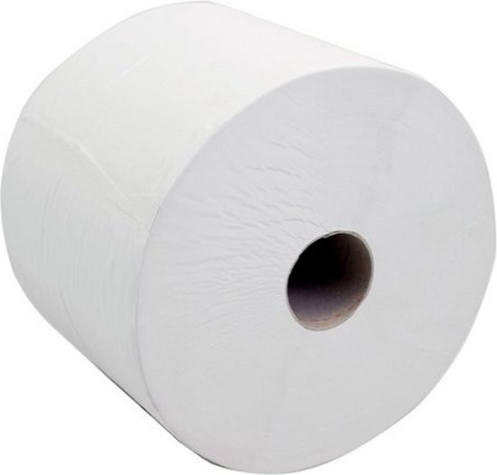 Grote witte rol keukenpapier met kartonnen kern.