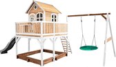 AXI Liam Speelhuis in Bruin/Wit - Met Summer Nestschommel, Grijze Glijbaan en Zandbak - Speelhuisje op palen met veranda - FSC hout - Speeltoestel voor de tuin