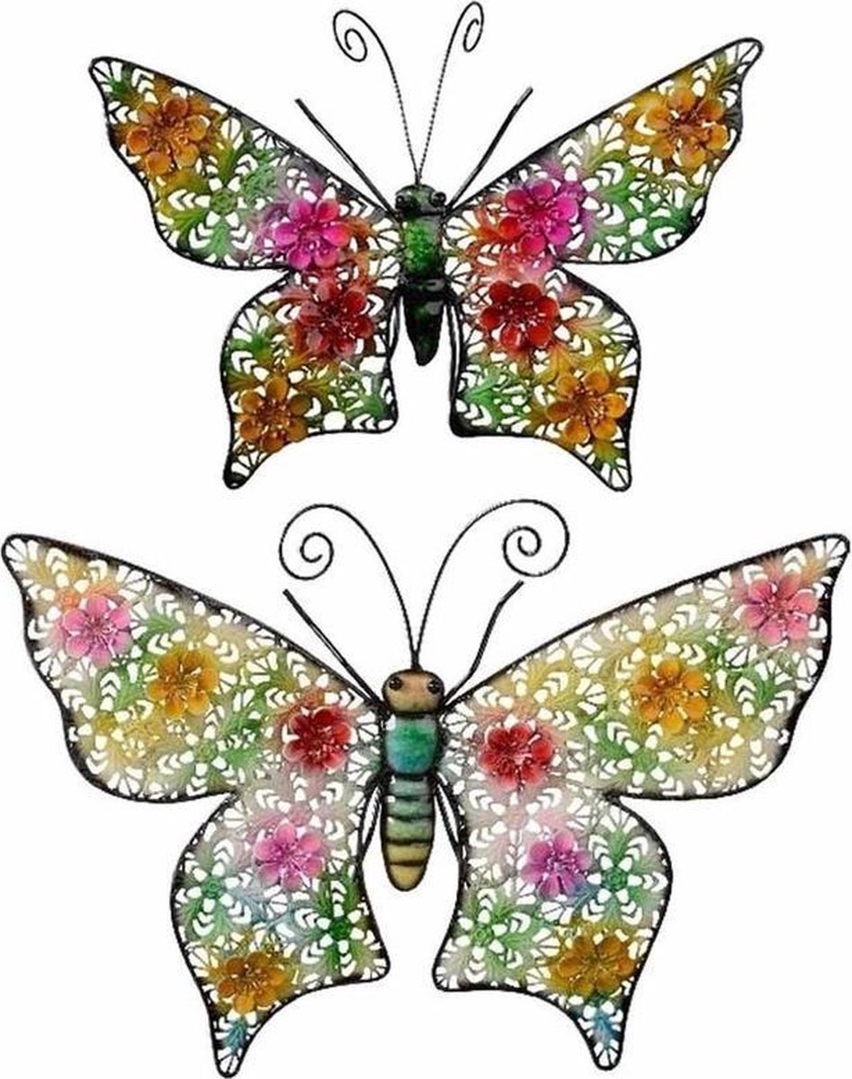 Decoris Set van 2 metalen vlinders gekleurd 30 x 43 cm 30 x 22 cm tuin decoratie Tuindecoratie vlinders Dierenbeelden hangdecoraties