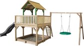 AXI Atka Speeltoestel in Bruin/Groen - Speeltoren met Summer Nestschommel, Verdieping, Zandbak en Grijze Glijbaan - FSC hout - Speelhuisje op palen met veranda voor kinderen - Speeltoestel voor de tuin / buiten